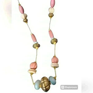 44” beaded necklace from Casual Corner. Blue pink and gold